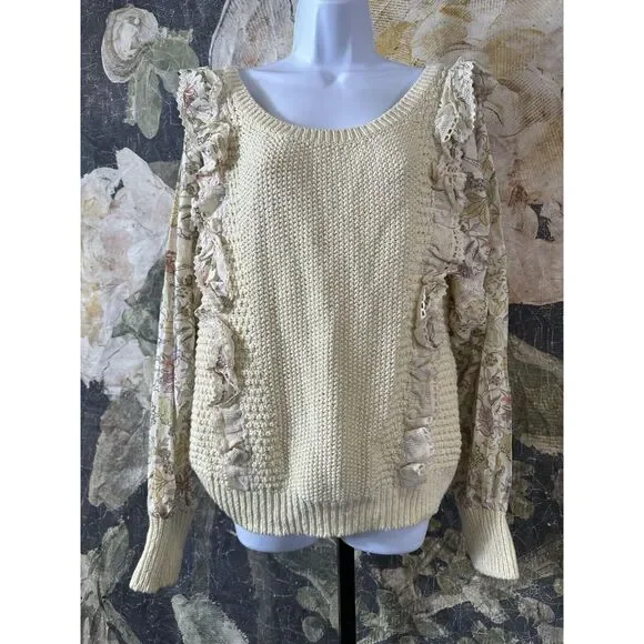 NWT | By Anthropologie Printed-Sleeve Ruffle Sweater Size Large - Picture 8 of 9